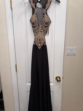 Dave & Johnny Black Prom Gown with Gold Beaded Bodice